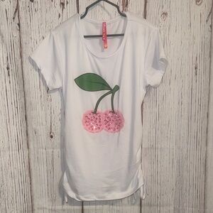 Maje White Tee Dress with Pink Sequin Cherry and Green Leaves ‼️5for$25‼️